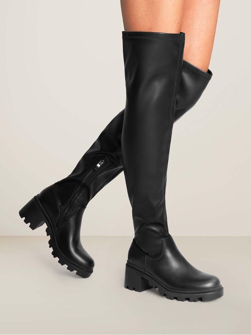 Black Leather Over-the-Knee Chunky Sole Women's Boots